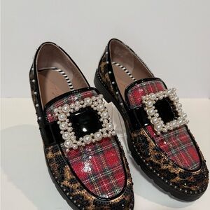 Betsey Johnson Plaid Leopard and Pearl Buckle Loafers - Women’s 11